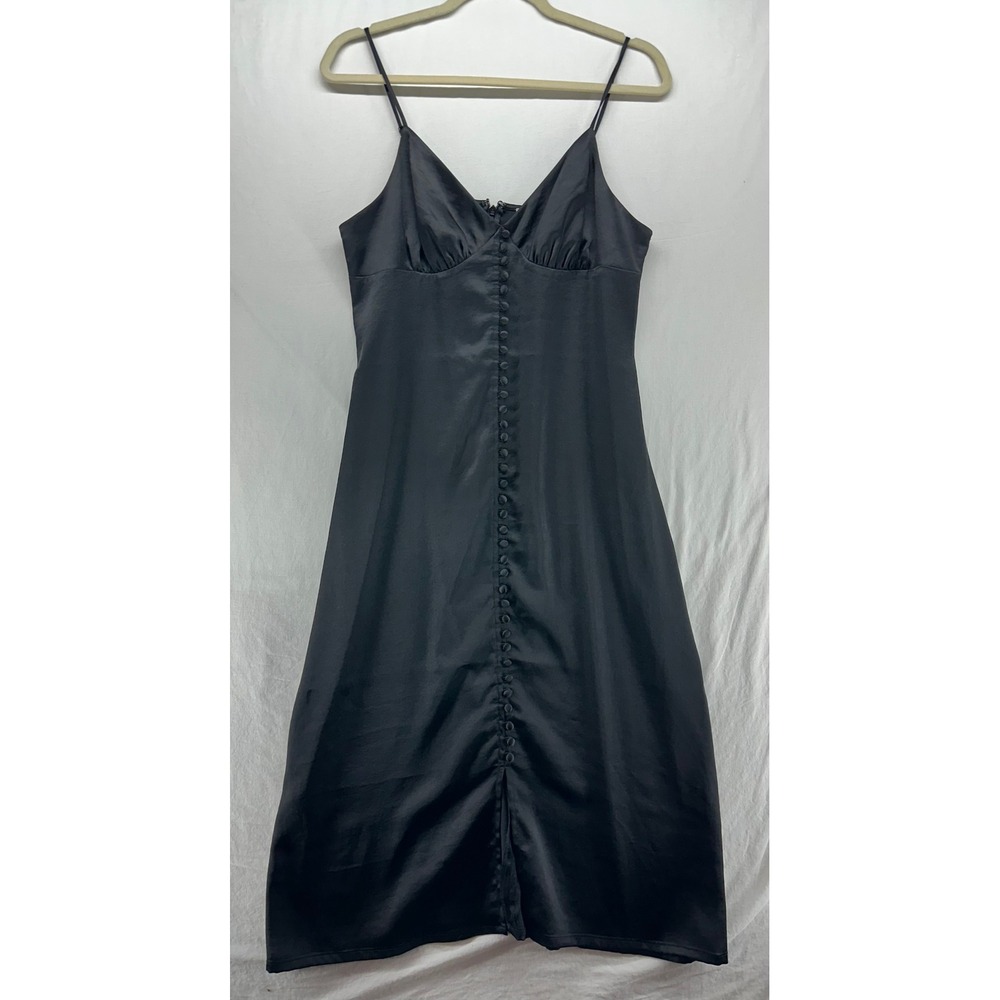 Chelsea 28 Black Satin Midi Slip Dress Button Front V-Neck Medium